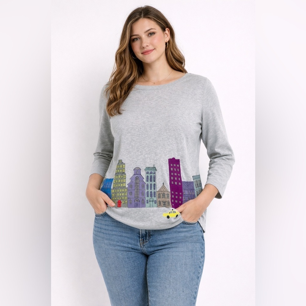 Talbots Women's City Scene Pullover Sweater 3/4 Sleeve Embroidered Gray Medium